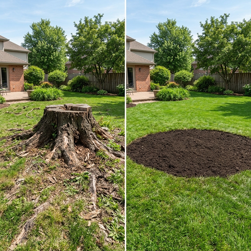Before and after stump grinding at a Jonesboro AR property