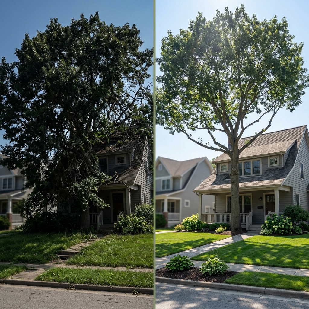 Before and after tree trimming at a Jonesboro AR residential property