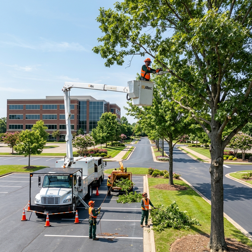Professional tree maintenance crew with bucket truck at commercial office park in Jonesboro Arkansas
