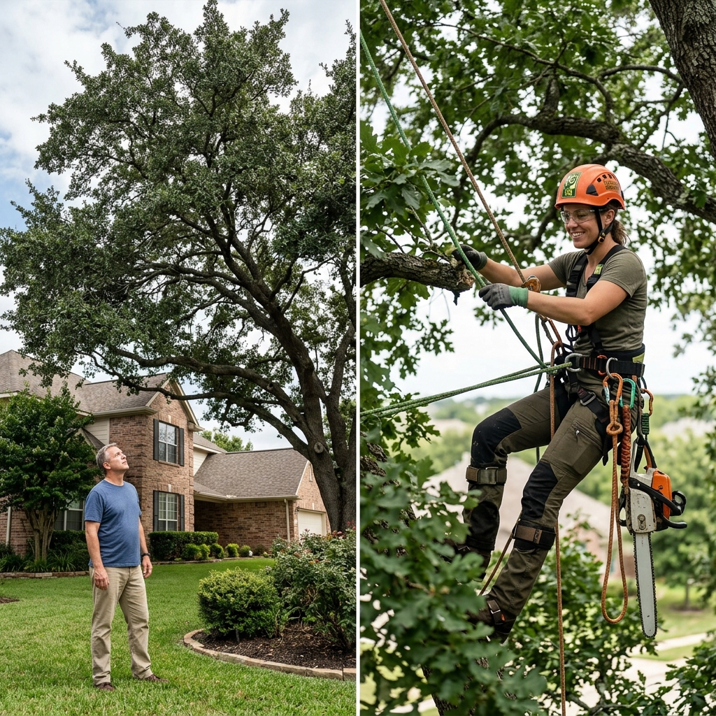 Professional arborist in climbing gear versus homeowner assessing large tree in suburban yard