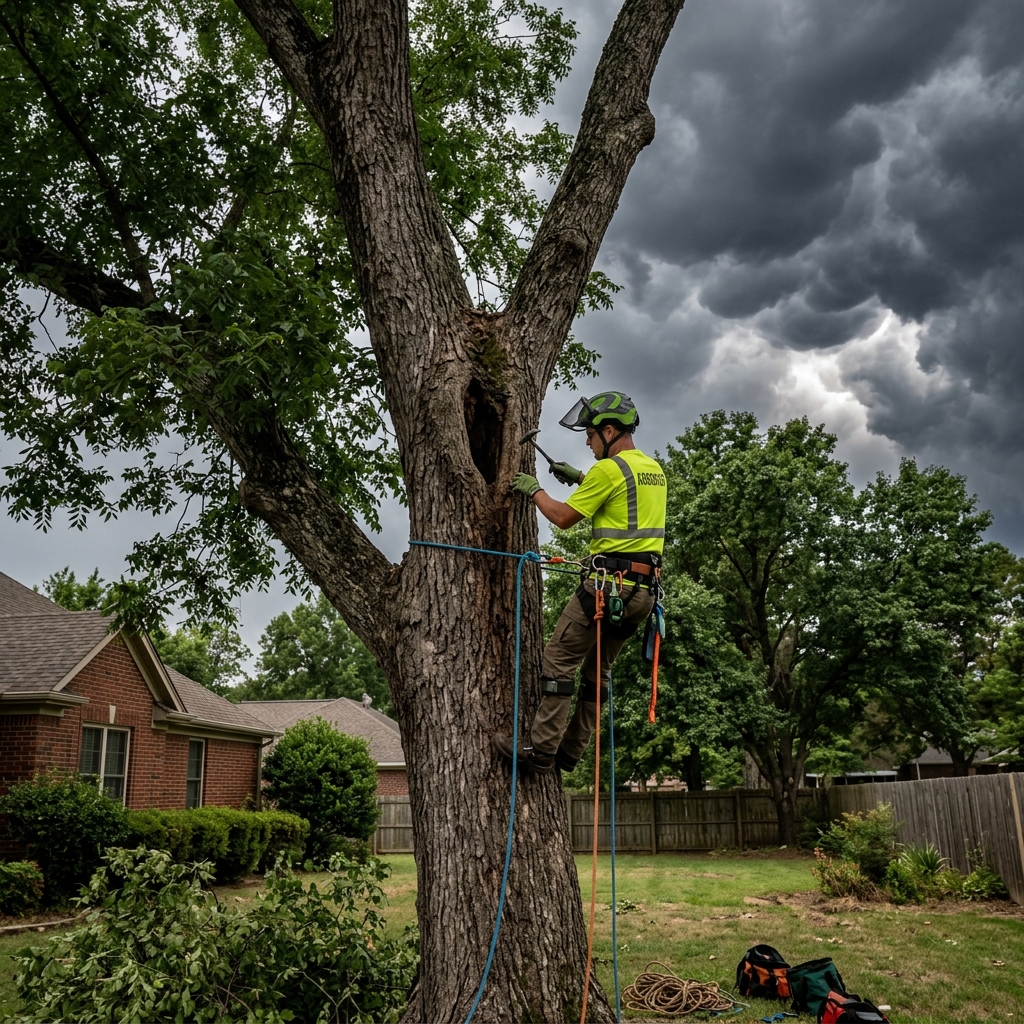 Professional arborist inspecting a tall tree with approaching storm clouds in Jonesboro Arkansas