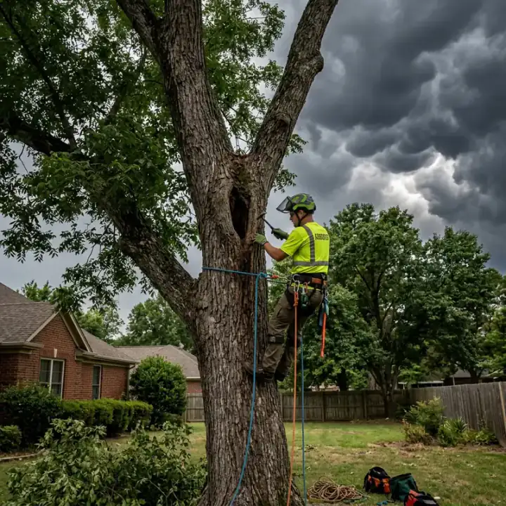 Tree care professional inspecting a tall tree with approaching storm clouds in Jonesboro Arkansas
