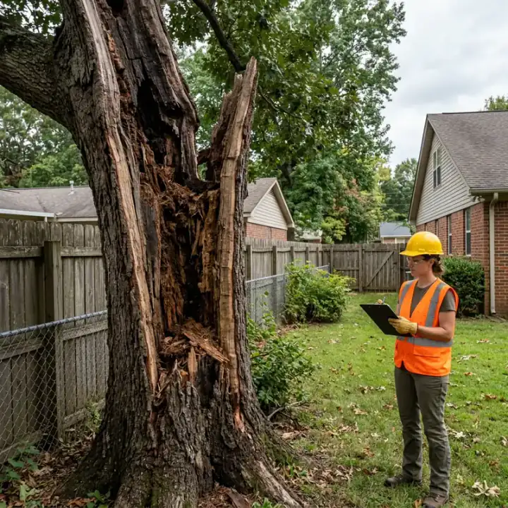 Tree inspector examining storm-split trunk in Jonesboro Arkansas