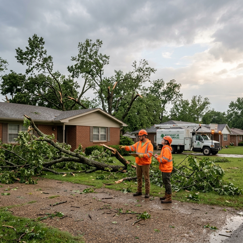 Tree crew assessing storm debris in a Northeast Arkansas residential yard