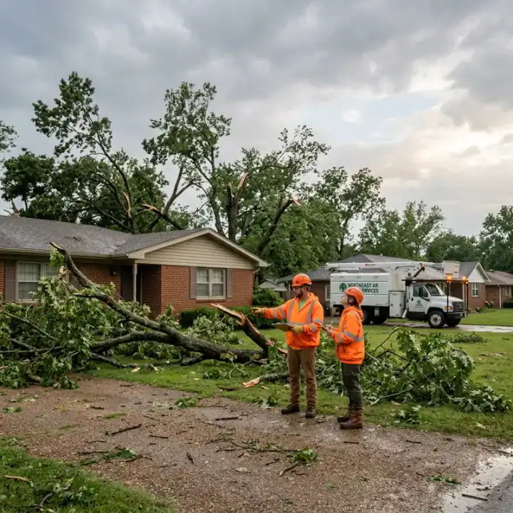 Tree crew assessing storm debris in a Northeast Arkansas residential yard