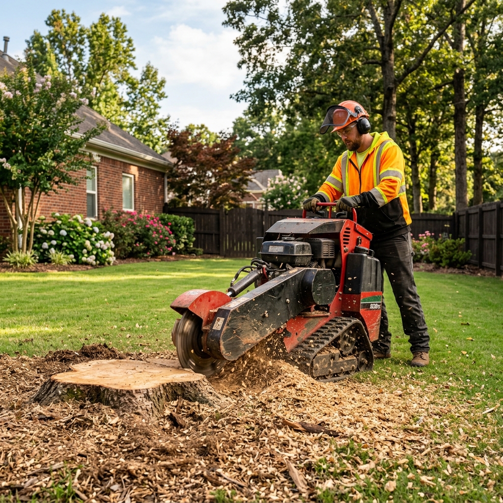 Professional stump grinder operating in a clean residential backyard in Arkansas