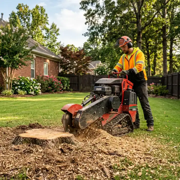 Professional stump grinder operating in a clean residential backyard in Arkansas