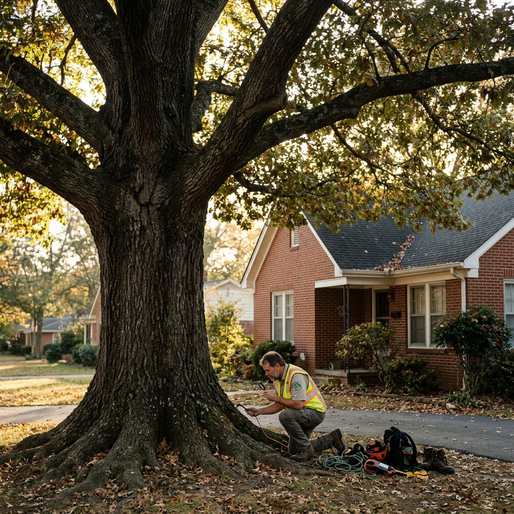 Arborist inspecting root flare of massive mature oak tree beside older brick home in Jonesboro Arkansas