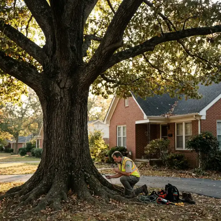 Tree care professional inspecting root flare of massive mature oak tree beside older brick home in Jonesboro Arkansas