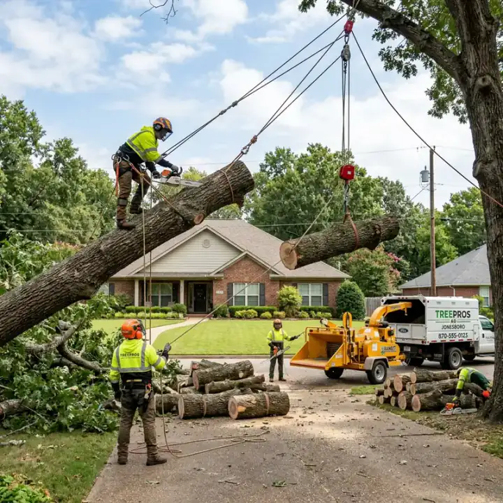 Professional tree crew sectioning a fallen tree across a residential driveway in Jonesboro