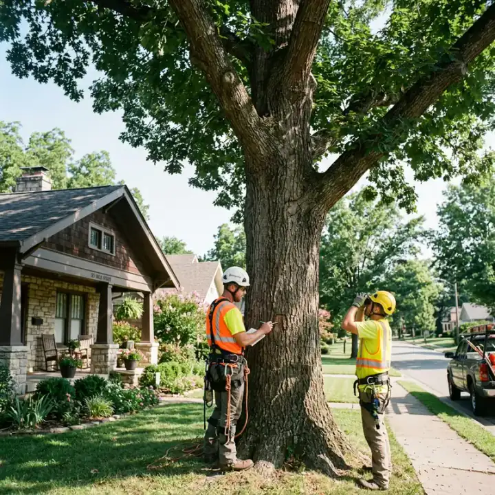 Tree care crew assessing a mature tree beside a home in Jonesboro Arkansas