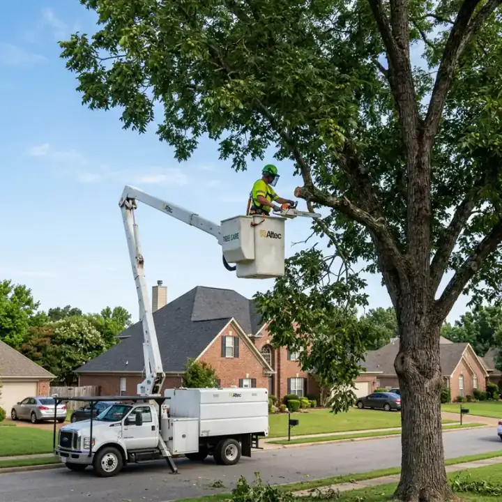 Professional tree trimmer in bucket lift pruning branches overhanging a Jonesboro home