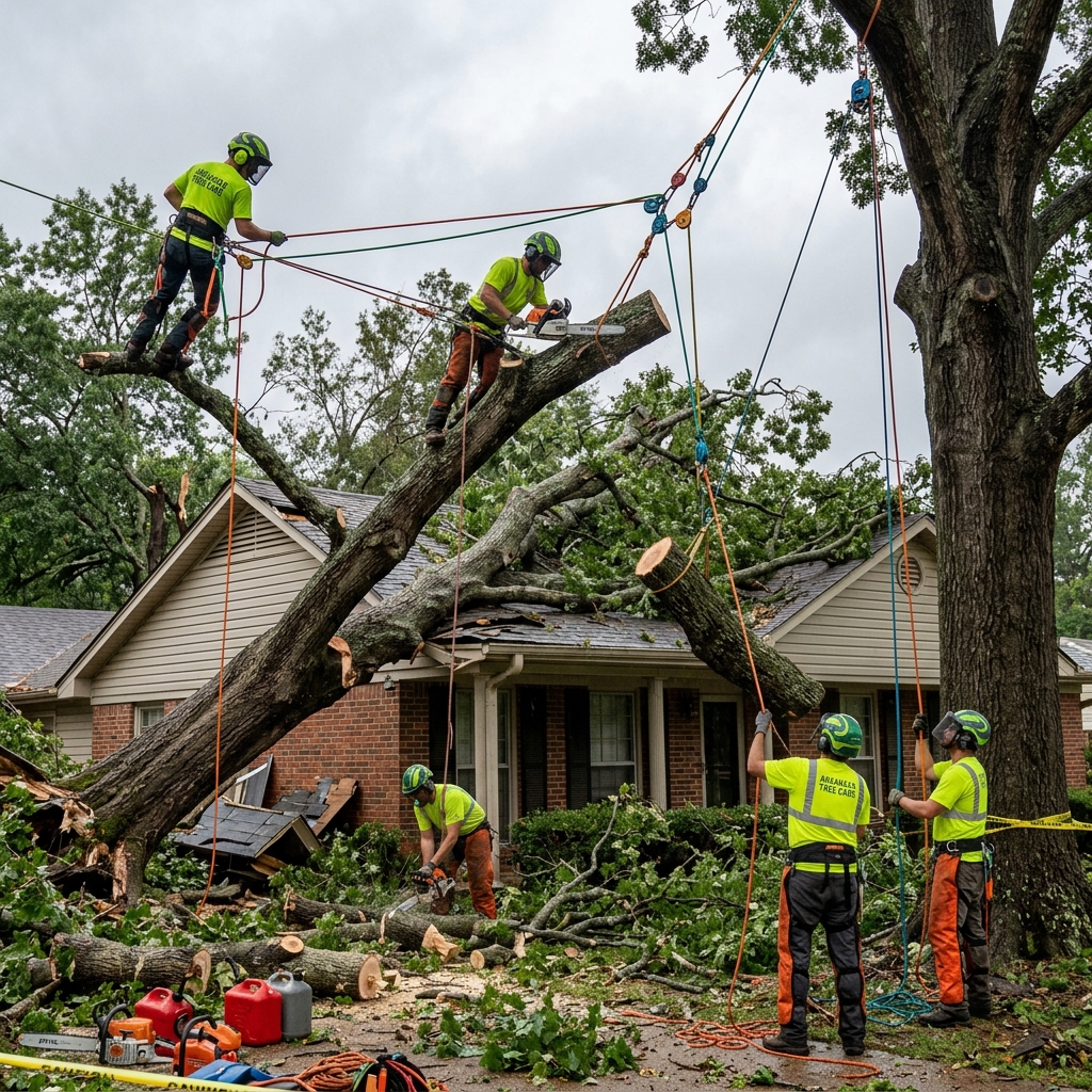 Storm-damaged tree removal with controlled rigging near a residential structure in Valley View, Jonesboro Arkansas