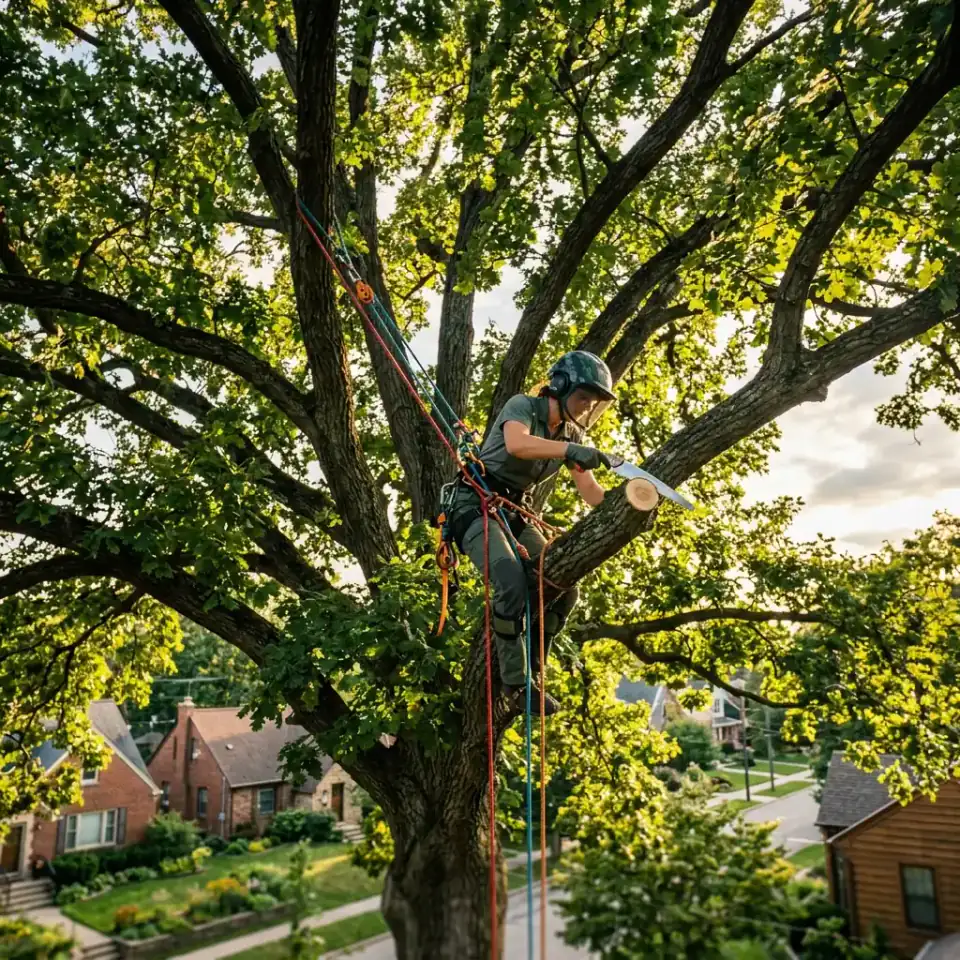 Tree care professional pruning a mature shade tree in Jonesboro Arkansas