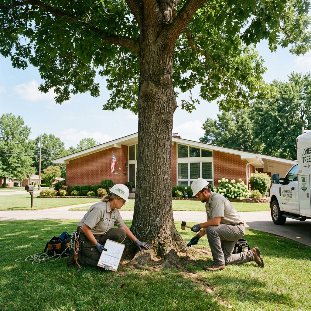 Tree service professionals assessing a mature shade tree at a residential property in Jonesboro, Arkansas